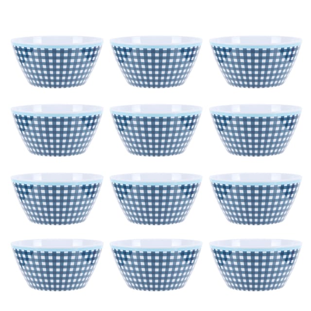 Set Aus 12 Salatschüsseln (15 Cm Durchmesser), Melamingeschirr In Porzellanoptik, Dunkelblau Kariert