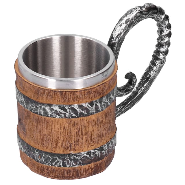Personalisierter, Handgefertigter Bierkrug Im Retro-wikinger-eichenfass-design Aus Kunstharz Und Edelstahl.