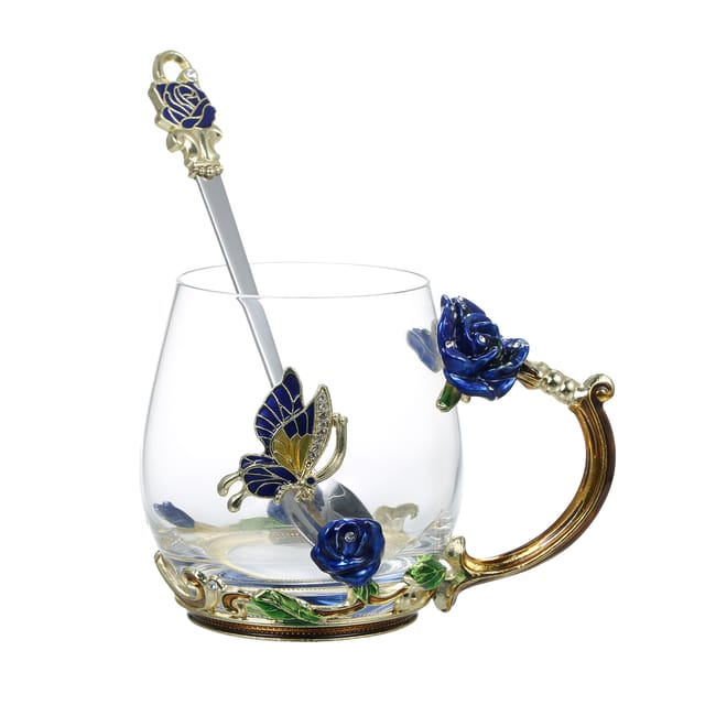 Set Aus Blau-rosa Gemustertem Glasbecher Mit Henkel, Tee-/kaffeetasse Mit Löffel, Reinigungstuch Und Untersetzer Für Den Täglichen Gebrauch Zu Hause, Für Partys, Snacks, Zum Entspannen, Als Geburtstag