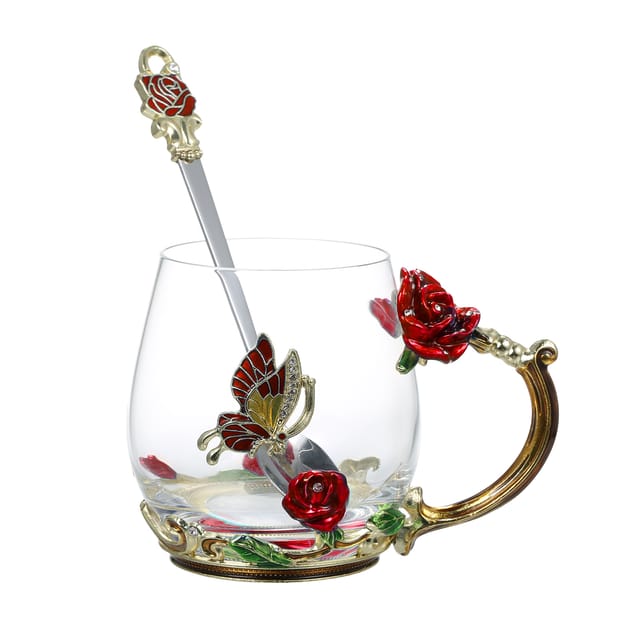 Handgefertigtes Set Aus Rosarotem Glasbecher Mit Henkel, Tee-/kaffeebecher Mit Löffel, Reinigungstuch, Untersetzer Und Tassenablage – Ein Ideales Geschenk Für Partys, Geburtstage, Nachmittagstee, Zuha