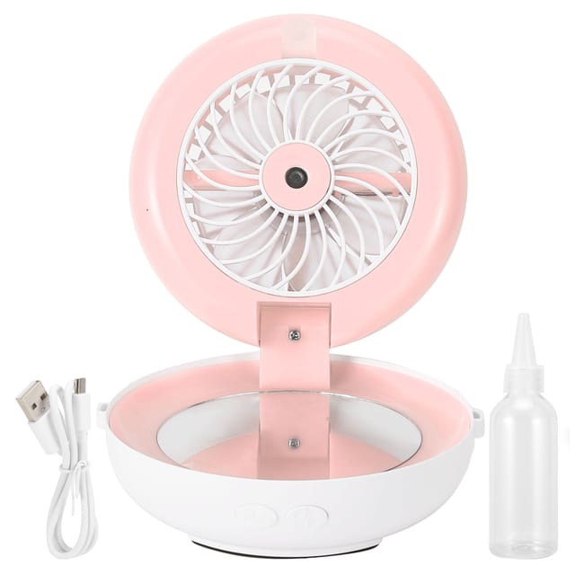 Tragbarer, Multifunktionaler, Faltbarer Tischventilator Mit Kosmetikspiegel, Luftbefeuchter Und Usb-ladeanschluss – Rosa