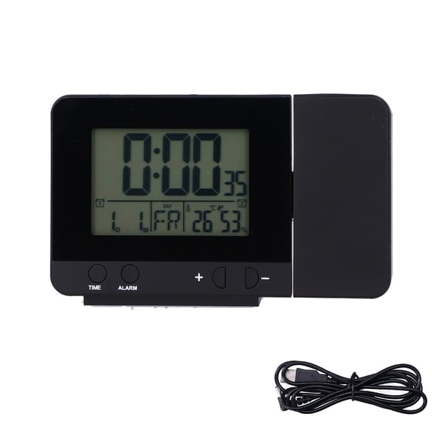 Schwarzer Projektionswecker Mit Lcd-bildschirm, Uhrzeit-, Temperatur- Und Usb-ladefunktion Für Zuhause