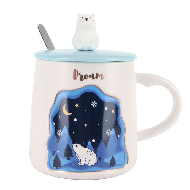 Keramikbecher Mit Deckel Und Löffel, Niedliches Tiermotiv, 380 Ml, 9,5 X 13,5 Cm, Ca. 477 G, Geschenk Für Paare, Café, Büro, Zuhause, 1 Becher, 1 Deckel, 1 Löffel