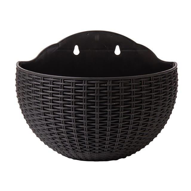 Halbrunder, Wandmontierter Blumentopf In Rattanoptik, Halbkreisförmiger Pp-hängepflanztopf Für Den Innen- Und Außenbereich (balkon), Schwarz, 21 X 16,5 X 10,5 Cm Mit 2 S-förmigen Haken