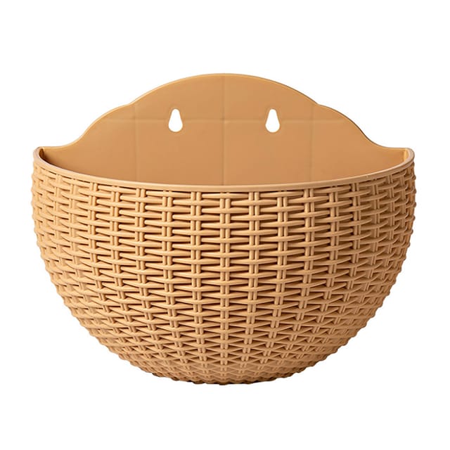 Halbrunder, Wandmontierter Blumentopf Aus Beigefarbenem Pp In Rattanoptik Für Den Innen- Und Außenbereich (balkon), Mit 2 S-haken, L 26 Cm