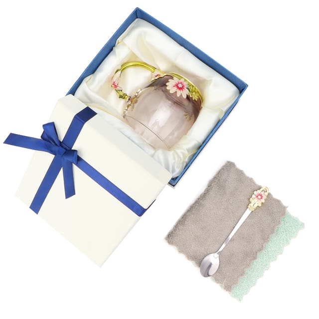 Original Grüner Glasbecher Mit Chrysanthemenmuster, Kaffee-/teebecher Mit Edelstahllöffel, Reinigungstuch Und Geschenkbox, 320 Ml, Bpa-frei, Perfekt Als Geschenk Zum Geburtstag, Zu Weihnachten, Für Zu
