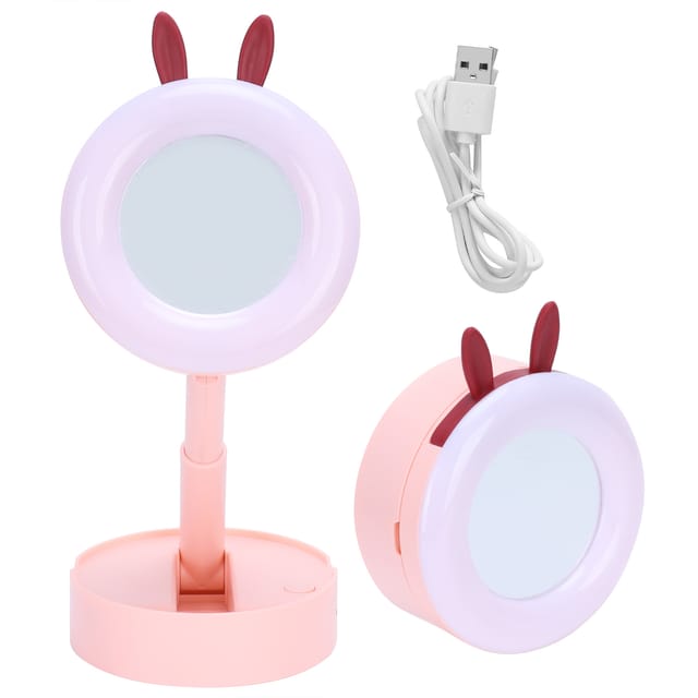 Niedlicher, Pinkfarbener, Faltbarer Und Tragbarer Led-schminkspiegel Für Kinder Und Mädchen Mit Lampe Und Usb-kabel