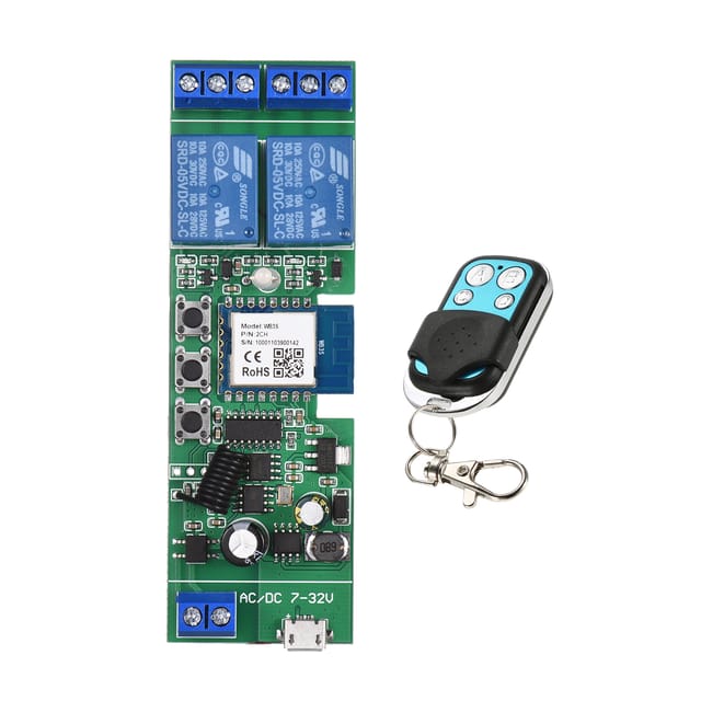 Tuya 2-wege-wlan-funkrelaismodul (dc 5v/7-32v) Mit Timer Und 433-mhz-fernbedienung Für Die Android/ios Tuya-app, Kompatibel Mit Amazon Alexa Smart-home-systemen.