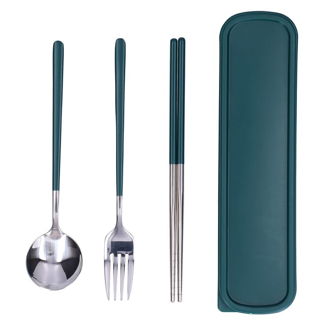 3-teiliges Besteckset Aus Edelstahl Und Kunststoff: Essstäbchen, Löffel, Gabel, Silber-grüne Aufbewahrungsbox Für Küche, Büro Und Restaurants