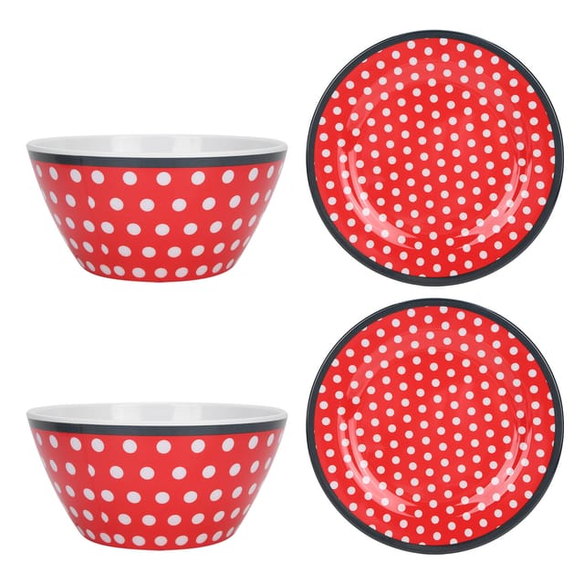 4-teiliges Set Aus Tellern Und Salatschüsseln Mit Rotem Punktmuster In Porzellanimitation Für Obst, Snacks Und Den Küchengebrauch.