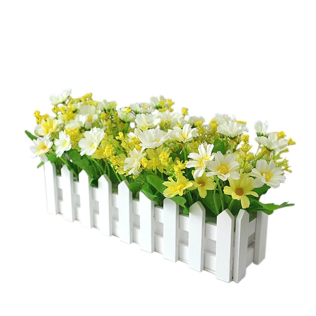 Künstliche Topfpflanze Mit Weißem Zaun, Hellgrüne Gänseblümchen, Realistische Dekoblume Aus Kunststoff Und Seide Für Wohnzimmer/zuhause