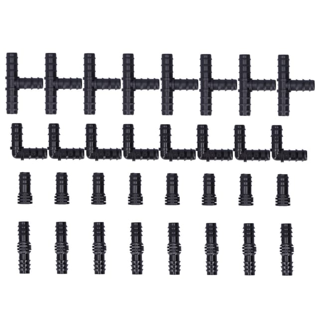 Set Mit 32 Tropfbewässerungs-fittings: 3-wege-t-stück, Winkelstück, Gerades Stück, Endkappe Für 1/2"-pvc-/abs-schläuche, Gewächshaus-/gartenbewässerung