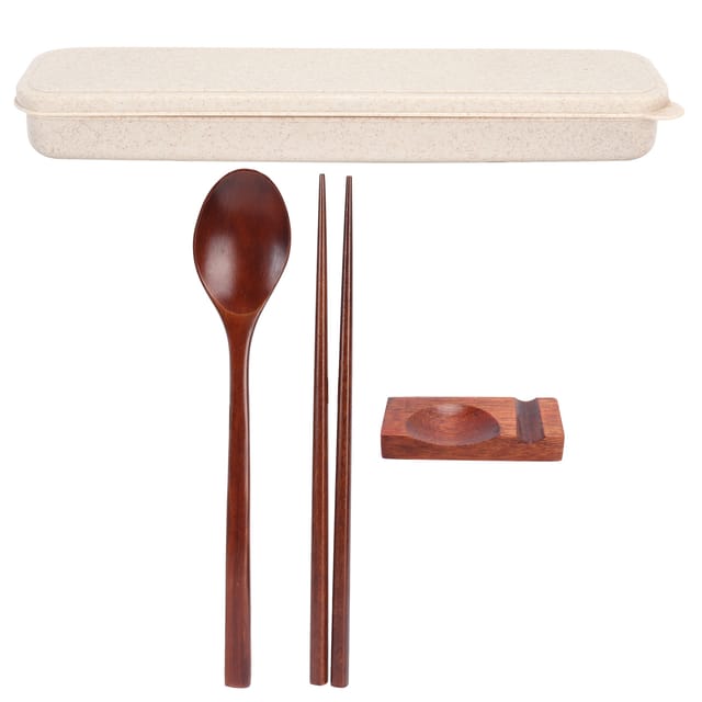 4-teiliges Set: Essstäbchen Aus Holz, Löffel, Besteckhalter Und Box, Tragbares Besteckset Für Schule Und Büro