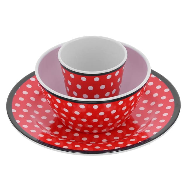 Melamin-geschirrset Mit Rotem Punktmuster, Bestehend Aus Tasse, Schüssel Und Teller 3-teiliges Küchenaccessoires-set (260 Ml, 500 Ml, 14,6 Cm, 22,5 Cm)
