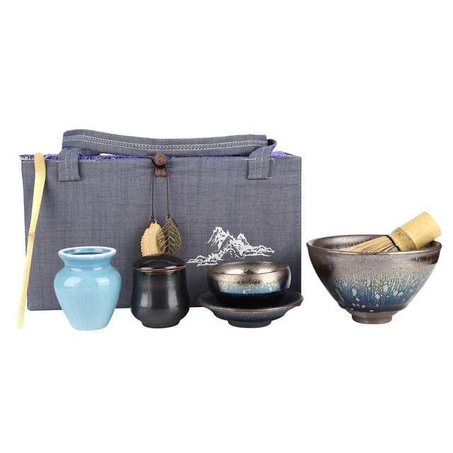 Japanisches Matcha-teezeremonie-set Aus Keramik, Bestehend Aus Schale, Tablett, Kanne, Chasen-ständer, Bambusbesen Und Löffel
