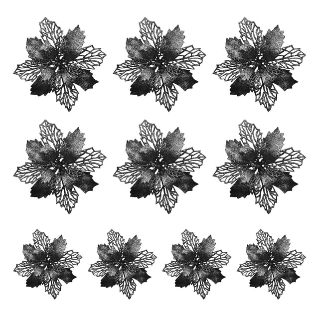 Set Mit 10 Künstlichen Weihnachtssternblüten Mit Glitzer, 9 Cm, Für Hochzeiten, Partys Und Kranzdekorationen, Schwarz