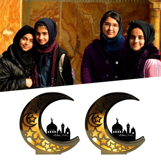 Ramadan-dekoration Aus Holz, Eid Mubarak, Hohle Goldene Led-halbmondlampe