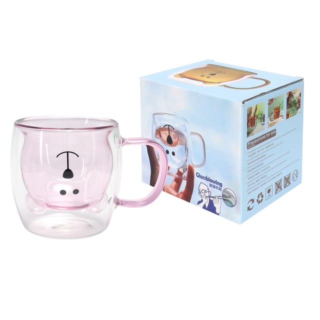 Bärenförmiger Becher Aus Borosilikatglas (250 Ml) Mit Doppelwandigem Henkel Für Wasser, Tee, Kaffee, Milch Und Selbstgemachte Getränke – Rosa