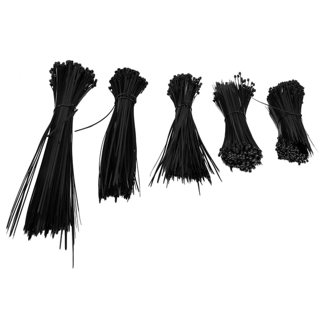 Packung Mit 5 Schwarzen Nylon-kabelbindern Zum Binden, Ummanteln Und Ordnen Von Kabeln.
