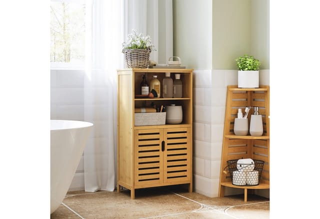 Kleankin Badkommode Unterschrank aus Bambus Lamellentüren (Badschrank, 1 St., Badezimmerschrank), Naturholz, 50 x 29 x 92 cm