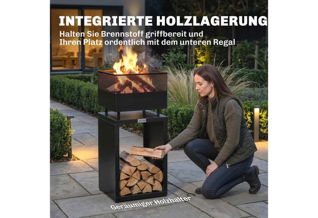 Outsunny Feuerschale mit Holzlager, Kohlegitter, verstellbaren Füßen, (Feuerstelle, 1-St., Feuerschalen), für Garten, Balkon Terrasse, Outdoor