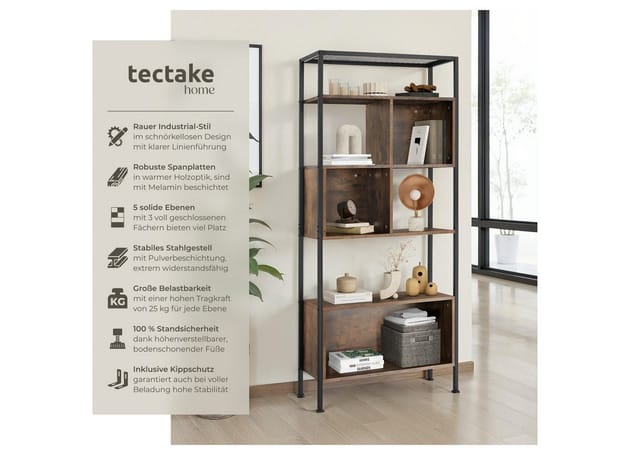 tectake Bücherregal Standregal mit 5 Ebenen, inklusive Kippschutz, 75 x 31 x 170,5 cm, Holzregal Hastings 1-tlg., großes und kleine Staufächer, mit höhenverstellbaren Kunststofffüßen