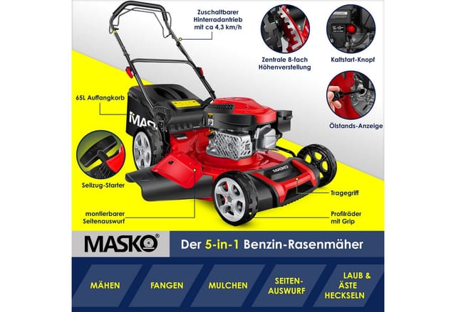 MASKO Benzinrasenmäher, 51 cm Schnittbreite, Rasenmäher mit Radantrieb, 4-Takt-Motor & Mulch-Funktion inkl Fangkorb