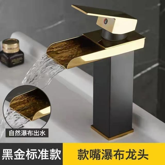 Aufsatzwaschbecken Aus Kupfer Mit Warm- Und Kaltwasserarmatur, Wasserfall-optik, Direkt Vom Hersteller – Schwarz Und Gold, Breiter Rand – Flaches Profil