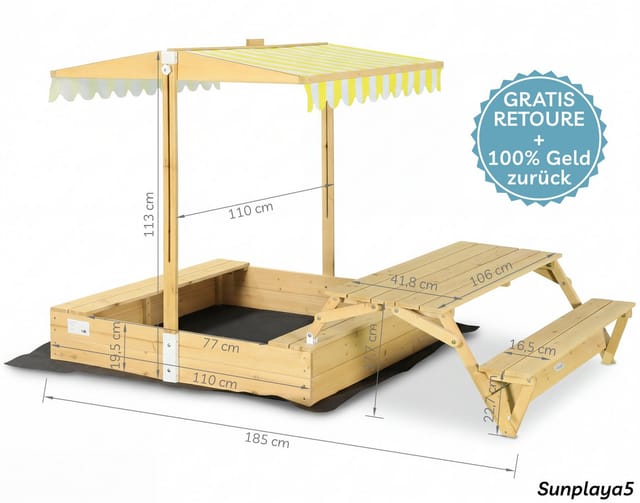 needs&wants® Sandkasten mit Picknicktisch Abdeckung Dach Deckel Boden Bänken, Sandkiste Holz, quadratisch klappbar verschließbar Garten, UV-Sonnenschutz, weiß braun