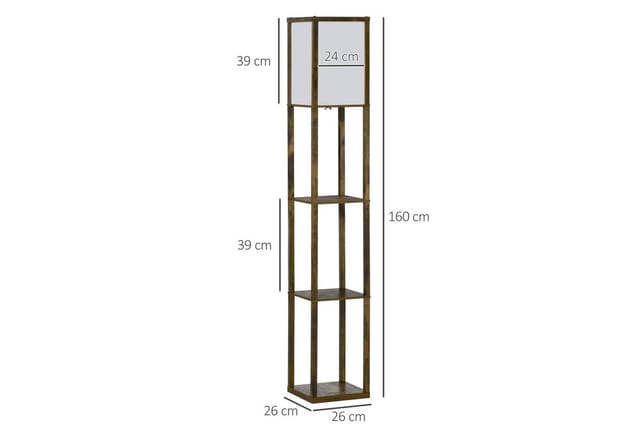 HOMCOM Stehlampe mit Regalen, E27 Fassung bis 40W, Lampenschirm, Ein-,Ausschalter, ohne Leuchtmittel, Holz Rustikal-Braun+Weiß 26 x 26 x 160 cm