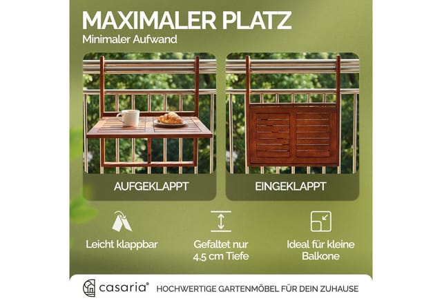 Casaria Balkonhängetisch Akazie (1-St), klappbar Holz FSC®-zertifiziert 40kg Belastbar Balkon Geländer Akazie