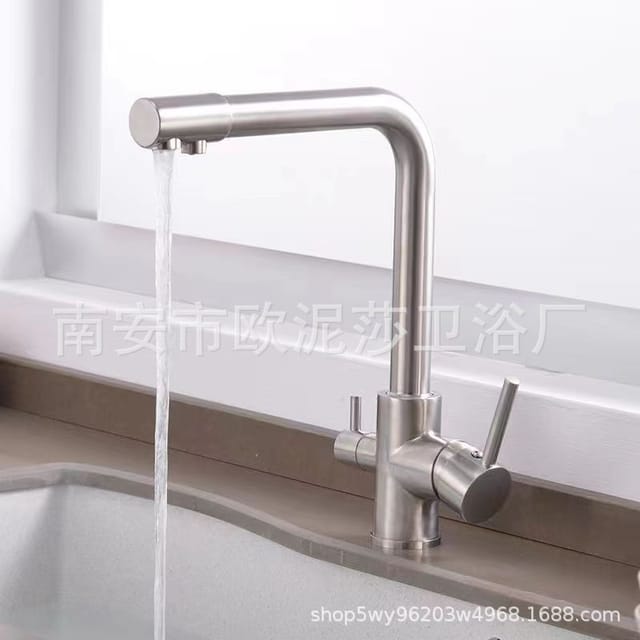 Dreifach-kupfer-wasserhahn Für Den Grenzüberschreitenden Einsatz, Dreifach-küchenarmatur Mit Zwei Auslässen Für Direktes Trinkwasser, Warm- Und Kaltwasseraufbereitung – Gebürstete Oberfläche.