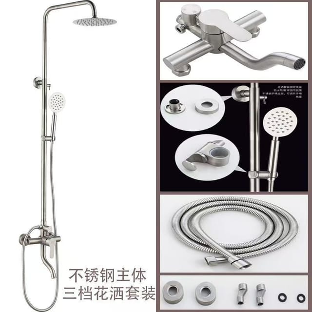 Dreistufige Duschgarnitur Aus Edelstahl 304 Mit Warm- Und Kaltwasserhahn, Druckbrausekopf Und Handbrause  – Mingzhu Dreistufige Dusche
