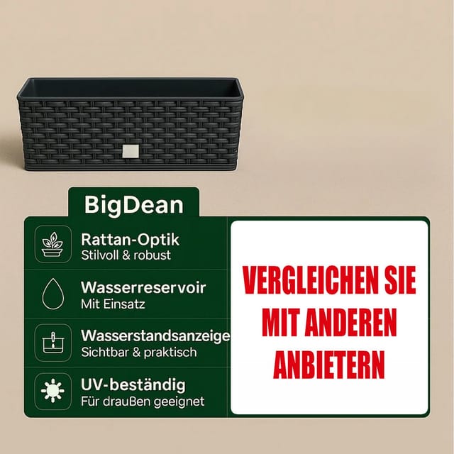 BigDean Blumenkasten 2X Blumenkasten mit Wasserspeicher Rattanoptik anthrazit 51x18x18 (Set, 2 St., Pflanzkästen), Blumenkasten mit Bewässerungssystem, Robust, Witterungsbeständig