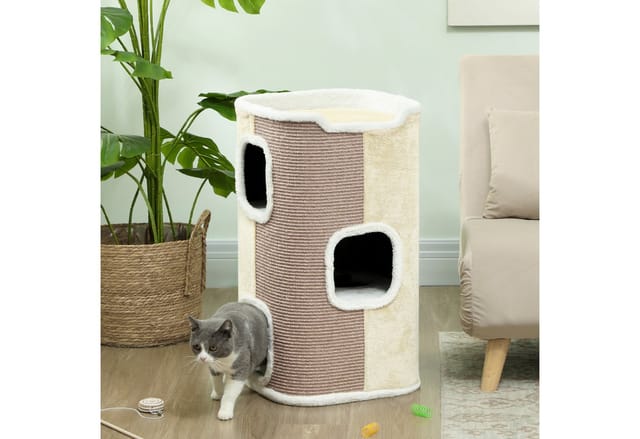 PawHut Kratztonne für Katzen 3 Ebenen Kletterbaum Spanplatte Polyester, (Katzenmöbel, 1-tlg., Kletterbaum), Beige+Weiß, 40 x 40 x 74 cm