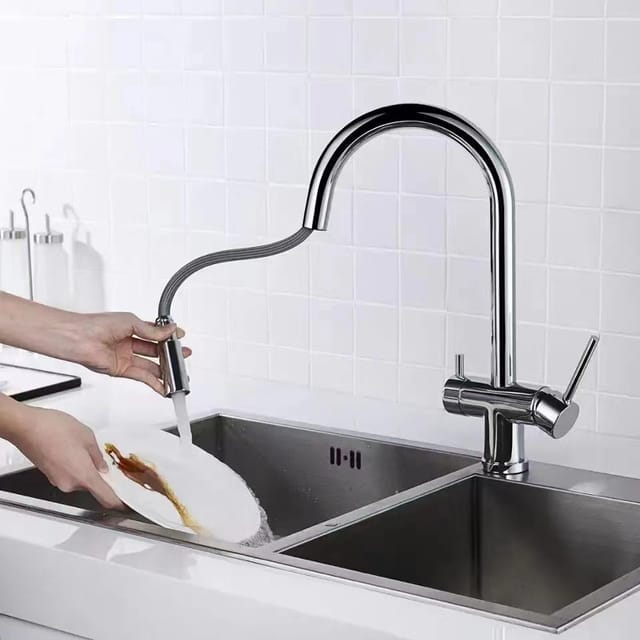 Küchenarmatur Aus Vollkupfer Mit Ausziehbrause, Bestseller In Russland, 3-in-1-wasserfilterarmatur Mit Zwei Reglern Für Spüle/gemüsewaschbecken Und Warm-/kaltwasser – Gehäuse Aus Galvanisiertem Kupfer