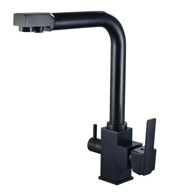 Kupferarmatur Für Küchenwasserfilter, Duale Warm-/kaltwasserregelung, Drei-in-eins-design, Einhändig Drehbares Design Für Gemüsespülen, Großhandel Für Den Export -- Schwarzes Kupfer Quadratisches Mode