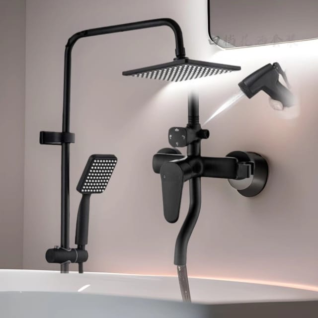 Multifunktionales Duschset Aus Schwarz Lackiertem Messing Für Bad Und Wc, Inklusive Druckbrause Und Handbrause – Schwarz Mit Vier Geschwindigkeitsstufen