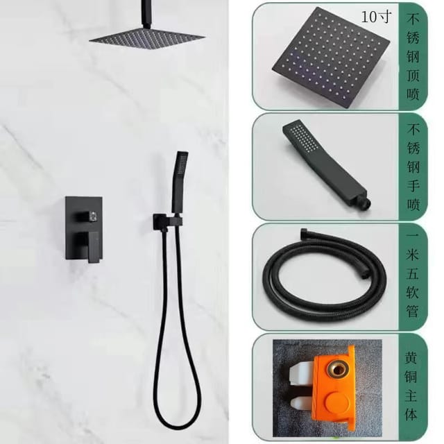 Vollkupferfarbener, Rahmenloser Wandduschkopf Mit Vorinstalliertem Gehäuse, Hotel-duschkopf-set - 10-zoll-zwei-gang-kopfbrause In Schwarz Zur Deckenmontage.