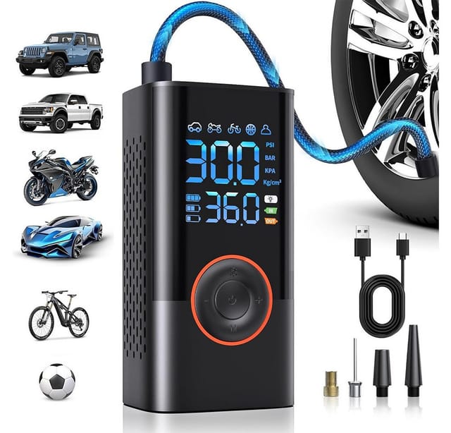 TUWENA Akku-Luftpumpe Kabelloser Elektrische Luftpumpe, 150PSI Akku Kompressor Fahrradpumpe, mit LED-Licht & Auto-Stopp, für E-Bike, Auto, Motorrad, Bälle