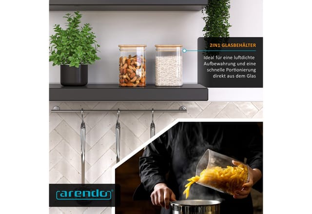 Arendo Aufbewahrungsbecher Glasbehälter-Set 4x 1,2 L Borosilikatglas mit Bambusdeckel, luftdicht, Borosilikatglas, Bambus, Silikon, (Vorratsbehälter-Set, 4-tlg., 4er Set), Hitzebeständig, umweltfreundlich, langlebig, mikrowellengeeignet