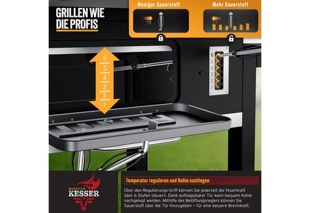 KESSER Holzkohlegrill Grillwagen BBQ Smoker XXL Holzkohlegrill mit Deckel, Rädern, Edelstahl-Griff, Thermometer, Grillrost, Standgrill, Kohlegrillwagen