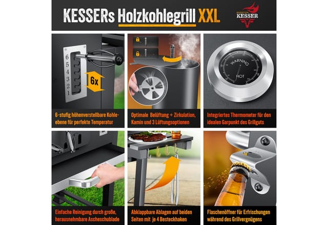 KESSER Holzkohlegrill Grill Grillwagen BBQ Smoker XXL Holzkohlegrill mit Deckel, Rädern, Edelstahl-Griff, Grillrost und Thermometer Standgrill Kohlegrillwagen