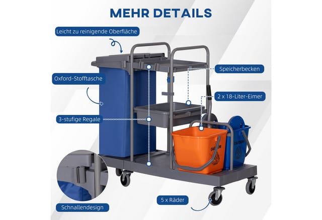 HOMCOM Putzeimer 3 Ebenen Wischwagen, (Systemwagen, 1-tlg., Reinigungswagen mit Eimern und Abfallsack), Mit Auswringer und großem Abfallsack