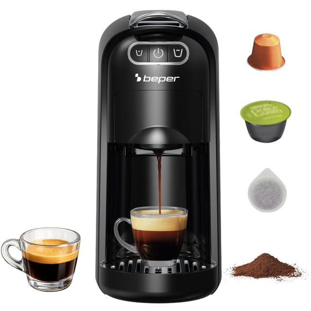 Beper P101caf200 Amata 4-in-1 Espressomaschine, 20 Bar, Kompatibel Mit Nespresso Kapseln, Dolce Gusto, Ese Pads Und Gemahlenem Kaffee, 1400 W, 700 Ml Wassertank, Ristretto Und Lungo Espresso