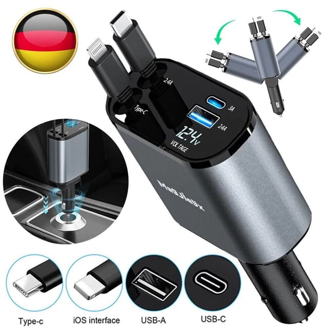 Chargeur Usb Rapide 4 Ports 120 W Pour Auto Avec Câble Rétractable, Alimentation Mobile Pour Téléphone Et Appareil Gps