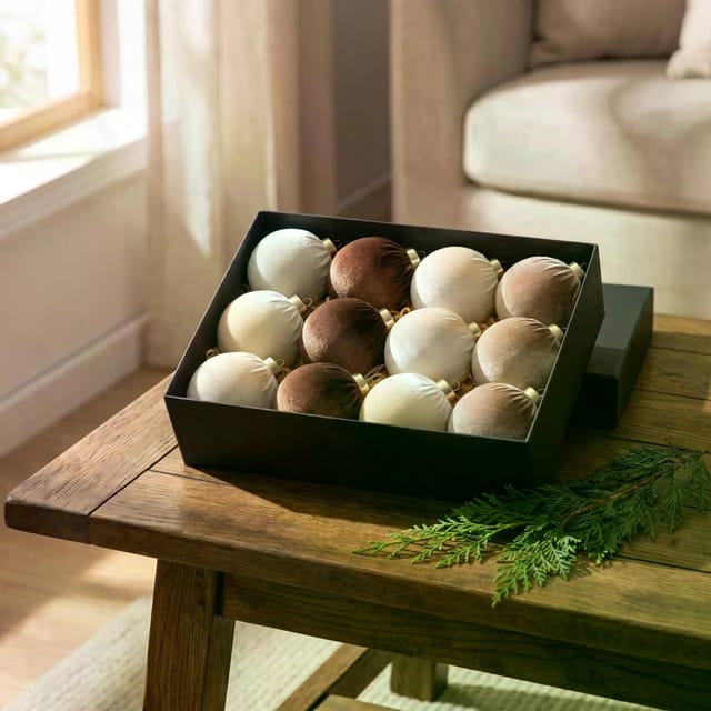Ensemble De 12 Boules De Noël En Velours De 80 Mm, Garnies De Tissu Crème Et Café, Décoration Festive Maison À Suspendre