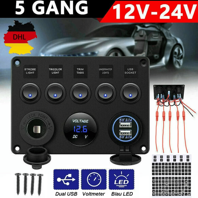 Panneau De Commande Led 5 Positions, 12 V Et 24 V, Pour Voiture Et Bateau, Voltmètre Et Deux Ports Usb Étanches, Marine