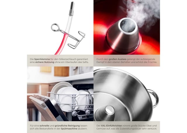 tectake® Dampfentsafter, 7-teilig, aus Edelstahl mit Glasdeckel, induktionsgeeignet und spülmaschinenfest, Ø 26 cm