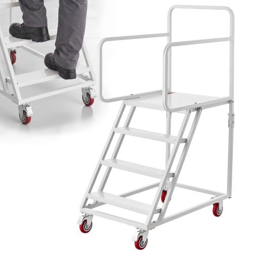 VEVOR 4-Stufige Rolltreppe Mobile Lagertreppe Lagerleiter 400kg Tragkraft, Rollleiter für Lager Werkstatt Supermarkt & Bibliothek, Stahlkonstruktion, mit Handläufen, Rutschfesten Pedalen & Bremsrollen